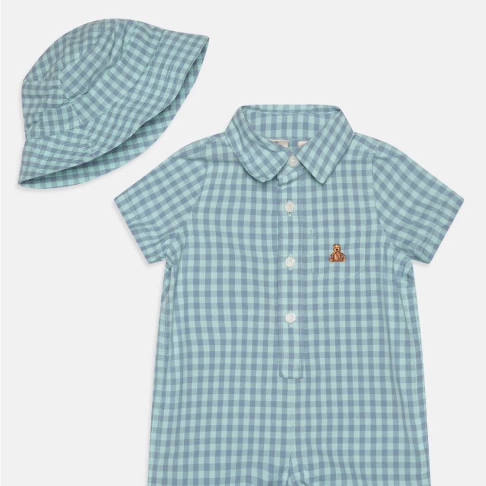 GAP Factory Blue Checkered Kids romper and Hat Set
